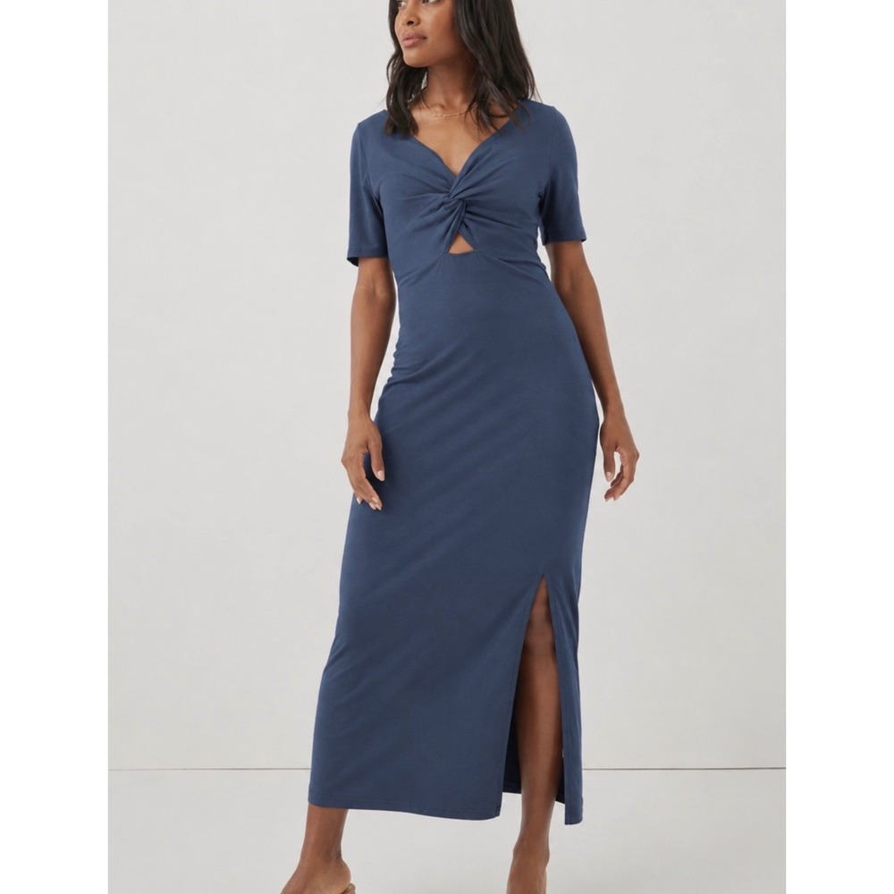 Pact Organic Cotton Twist Front Cutout Maxi Dress Blue Short Sleeve Slit Large
